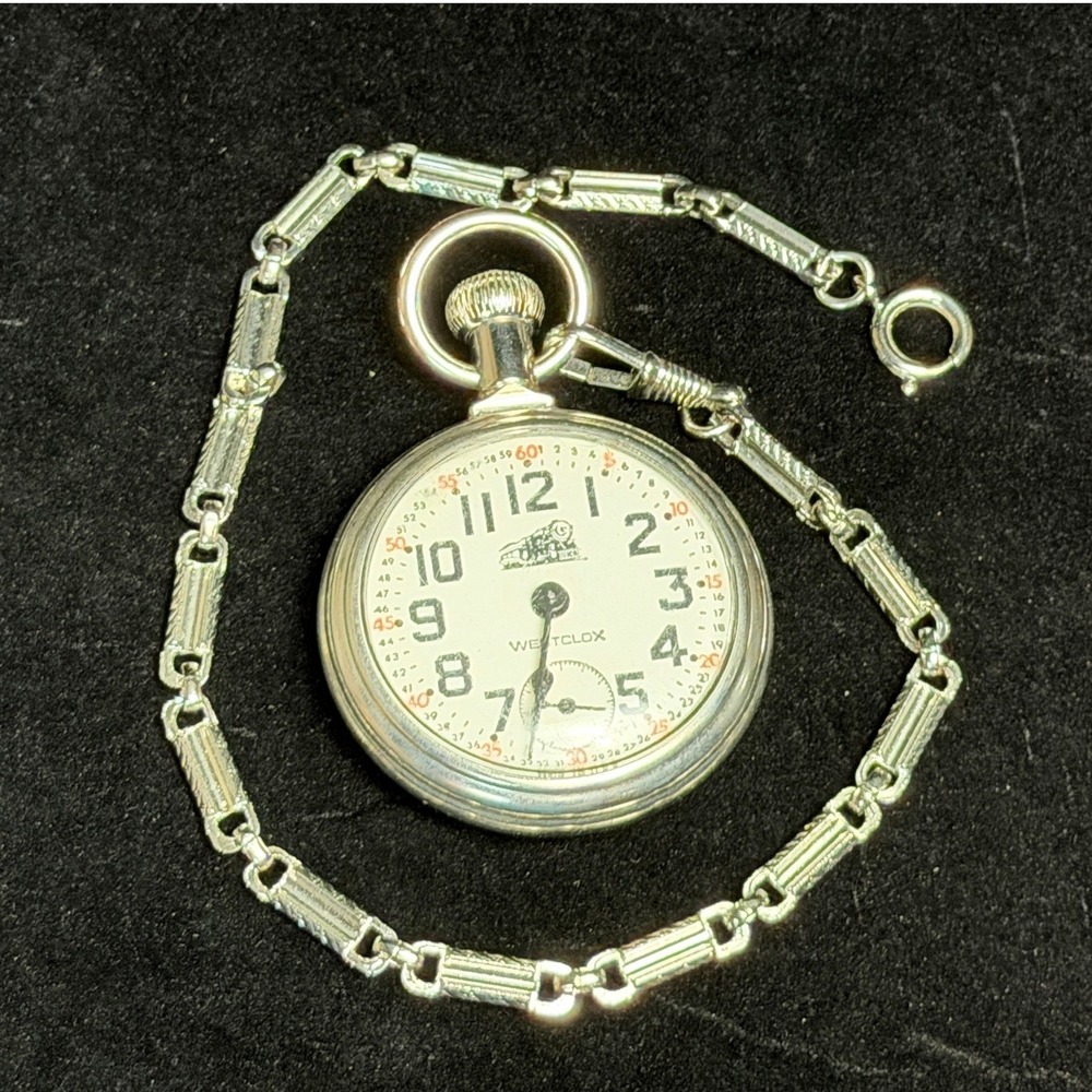 Vintage Westclox Railroad Pocket Watch-Engraved, Silver Tone Chain, WORKS